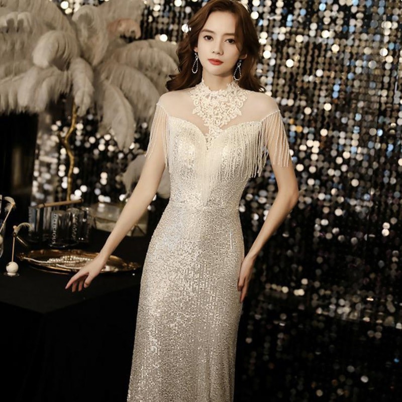 イブニングドレスロングスカート2024ホストパーティー宴会学生美術試験成人式パフォーマンスキャットウォーク