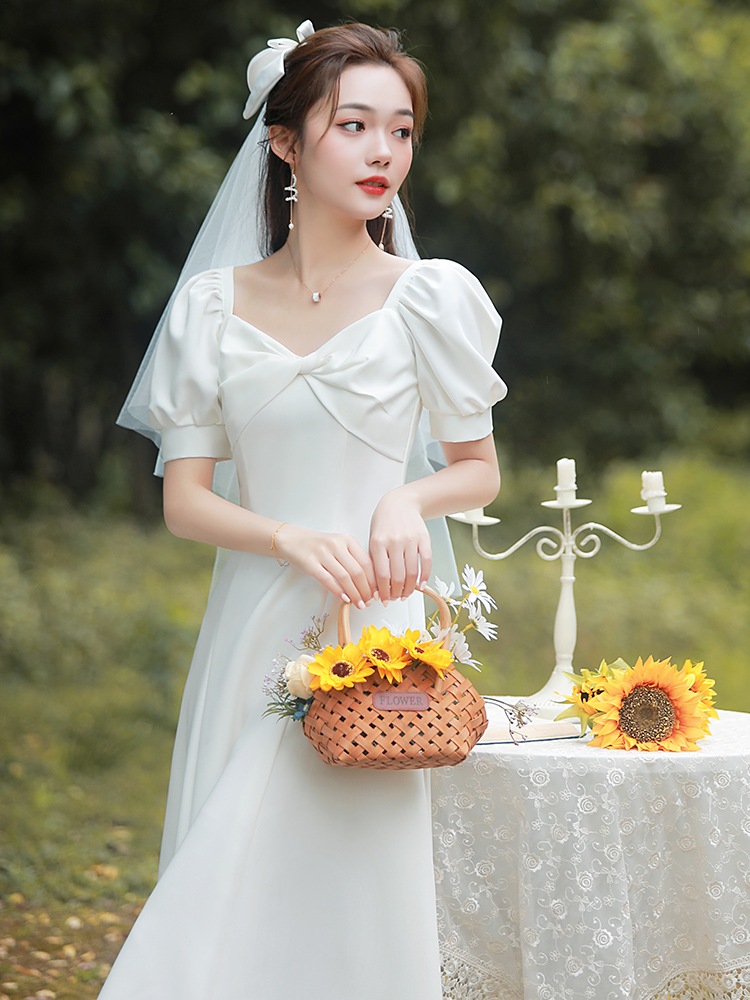 ウェディングドレス フレンチドレス サテンワンピース結婚式花嫁 二次会 結婚式 レース お呼ばれ