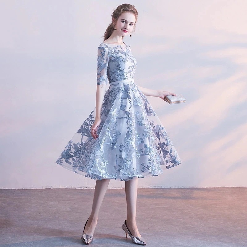 ブルーとグレーブライズメイドドレス2025春ドレスプチドレスレディースミドル丈宴会ホストドレス