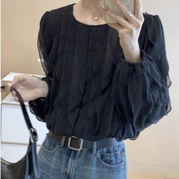 トップス ブラウス 長袖 ボリューム袖 ラウンドネック プルオーバー ミディアム丈 フリル かわいい 大人可愛い きれいめ シンプル 上品 おしゃれ かっこいい カジュアル こなれ感 個性的 主役級