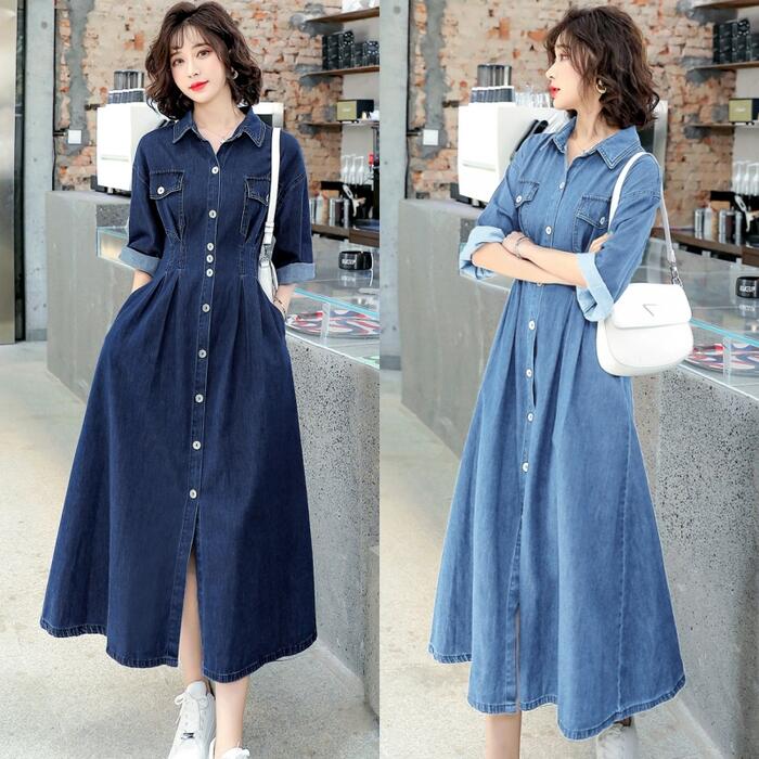 ワンピース デニム シャツワンピ ロングワンピ おしゃれ 袖あり ミモレ丈 七分袖 カジュアル レディース ワンピ ドレス きれいめ Aライン ハイウエスト シンプル ベーシック 大きいサイズ ブルー