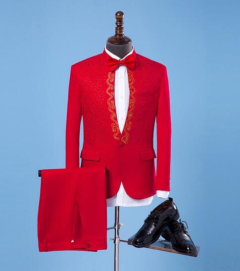 メンズ タキシードスーツセット　演出服 舞台ダンス衣装 上下2点セット フォーマルスーツ 刺しゅう　スパンコール　カラオケジャケット ステージ衣装 パーティー 結婚式　紳士服舞台演出スーツ　司会者