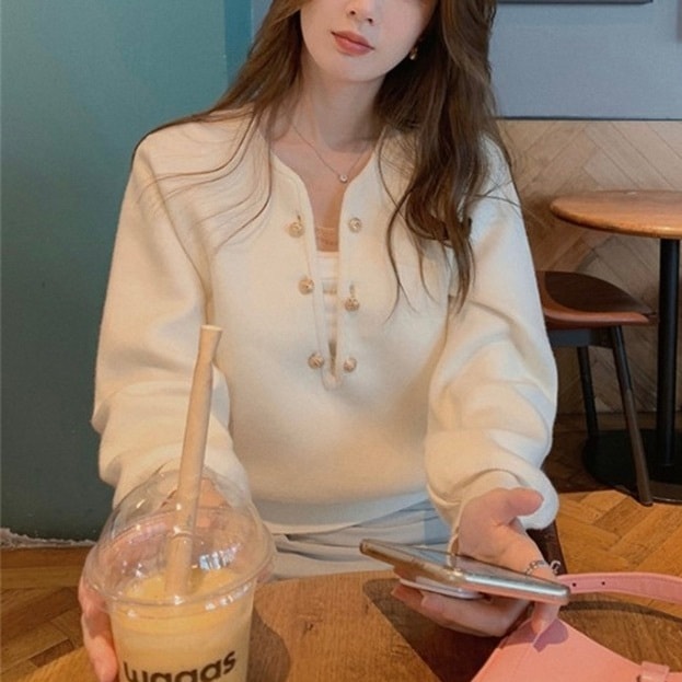 レディース トップス ニット セーター プルオーバー 長袖 ボリューム袖 Uネック フェミニン ハイウエスト リブ コンサバ ボタン ヴィンテージ かわいい 大人可愛い きれいめ シンプル 上品