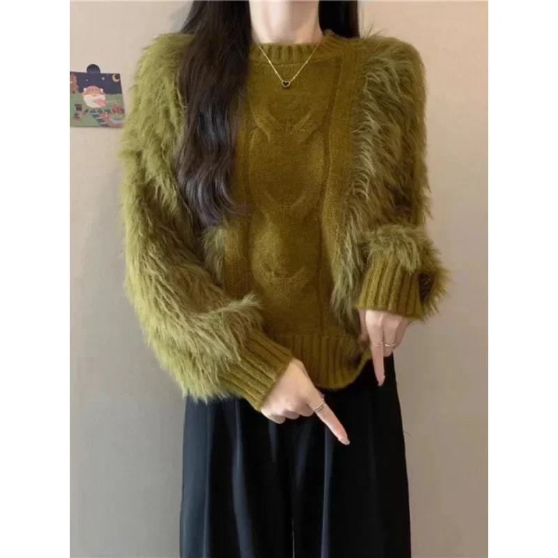 ファッショナブルなルーズニットセーター,ラウンドネック,厚手のトップス,パッチワーク,秋と冬 - AliExpress 200000345