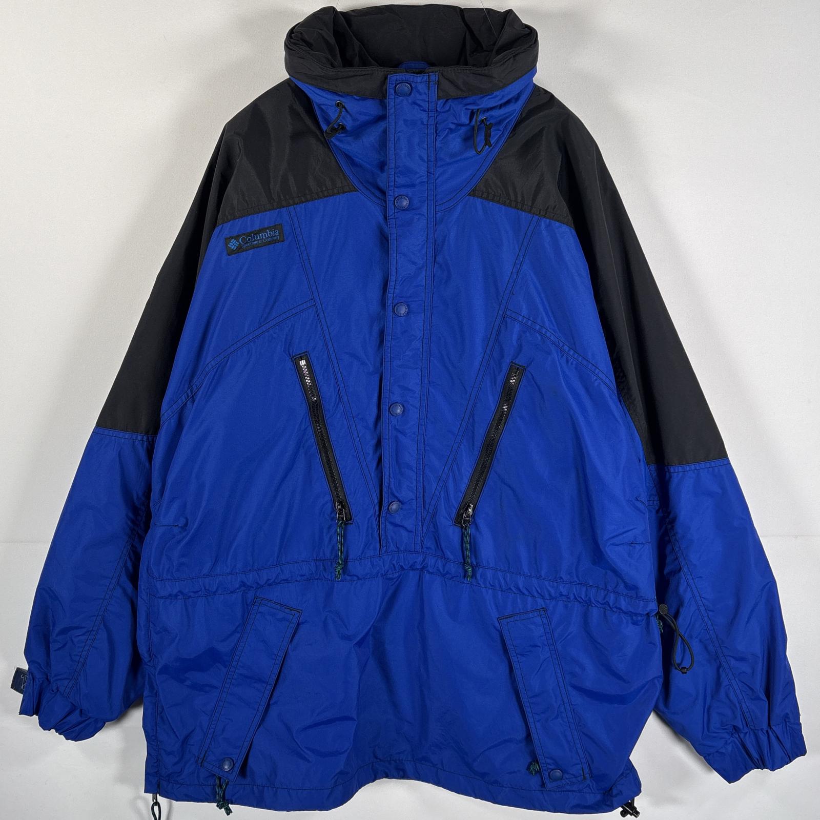 古着 90s/90年代 アノラックパーカー ハーフジップ ワンポイントロゴ ブラック ブルー ツートン メンズ