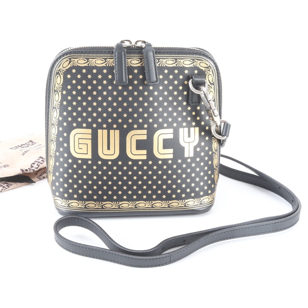 極美品 SEGA コラボ GUCCY ロゴ スター 星 511189 レザー ショルダーバッグ 斜め掛け ハンド トート ブラック 黒 ゴールド レディース RIM ED11-7 中古