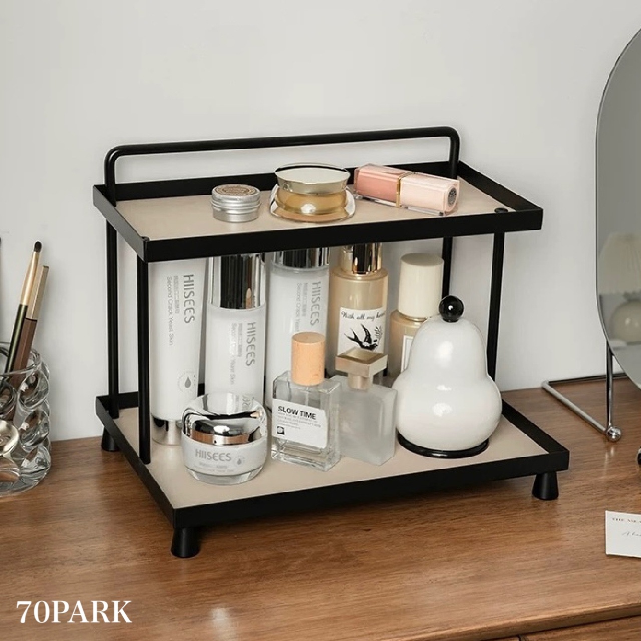 上部ハンドル付き アイアン レザー ブラック フレーム 収納 二段 トレイ 全3色 ラック ディスプレイ コスメ 収納 韓国インテリア 韓国雑貨 韓国っぽ インテリア雑貨 韓国 北欧 70PARK