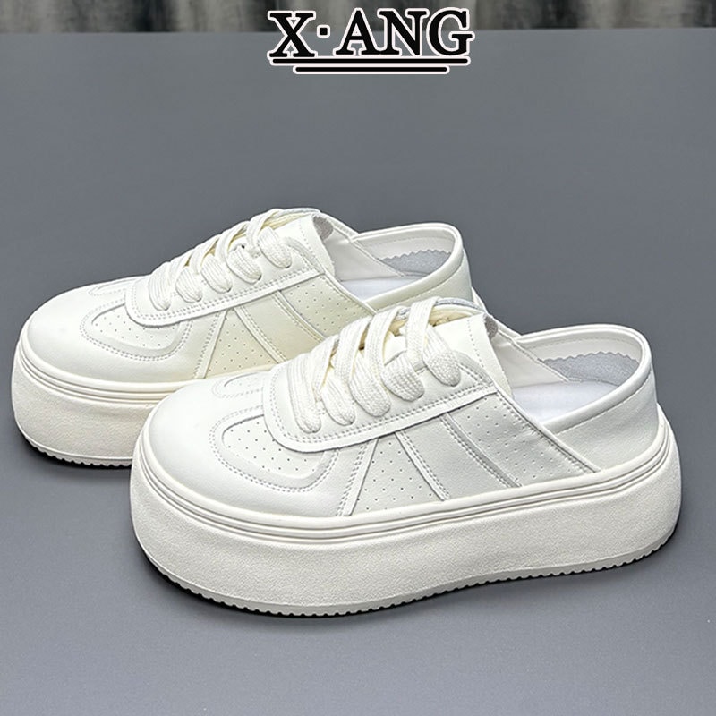 牛革厚底身長アップホワイトシューズレディースオールマッチスニーカー2025春夏新作2足履きカジュアルシングルシューズ