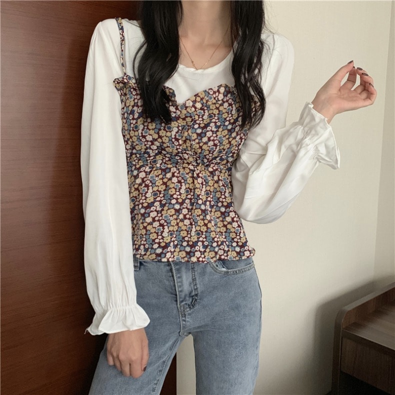 重ね着風 トップス シャツ ミディアム丈 袖あり 長袖 フレアスリーブ ラウンドネック フレア ペプラム フリル 薄手 2点セット ツーピース かわいい 大人可愛い カジュアル おしゃれ こなれ感