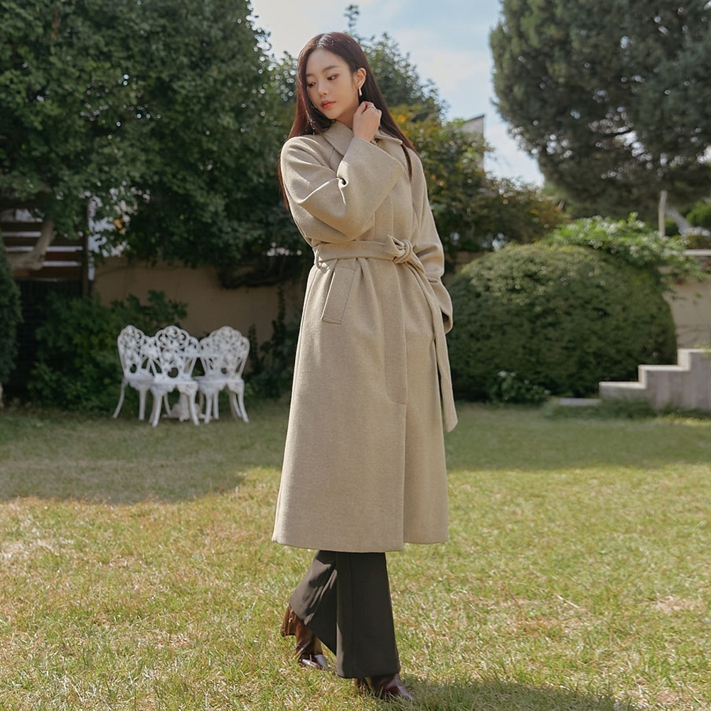 ウエストストラップ比翼ステンカラーコート