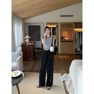 MULVAN黒のハイウエストのワイドパンツ女の夏のカジュアルなだらりとしたダラダラ感のあるドローストップパンツ