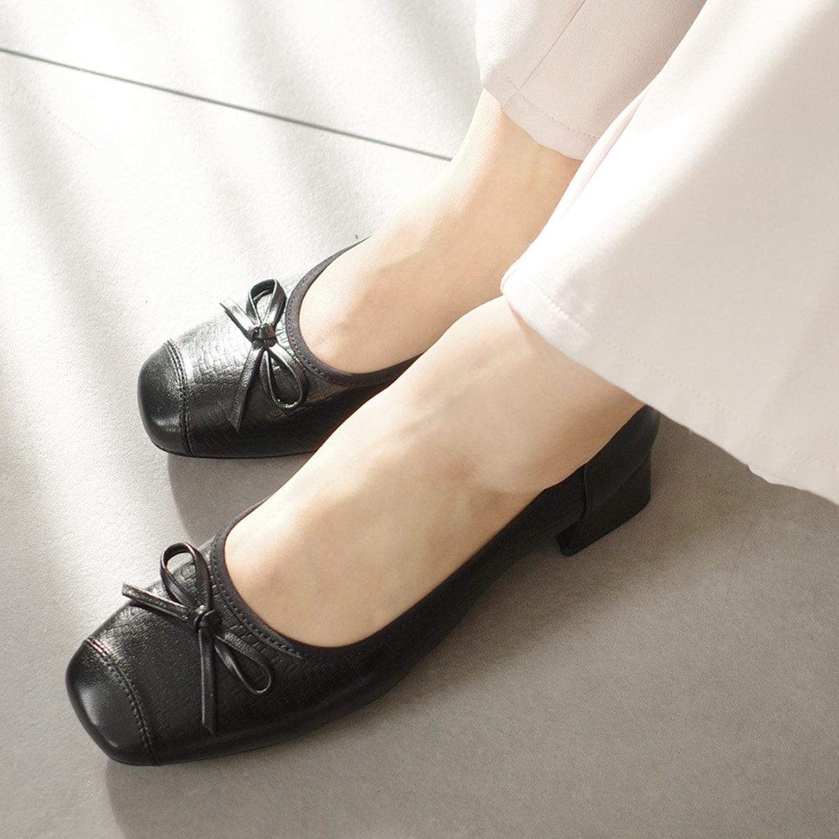 リボンパンプススクエアトゥパンプス レディース