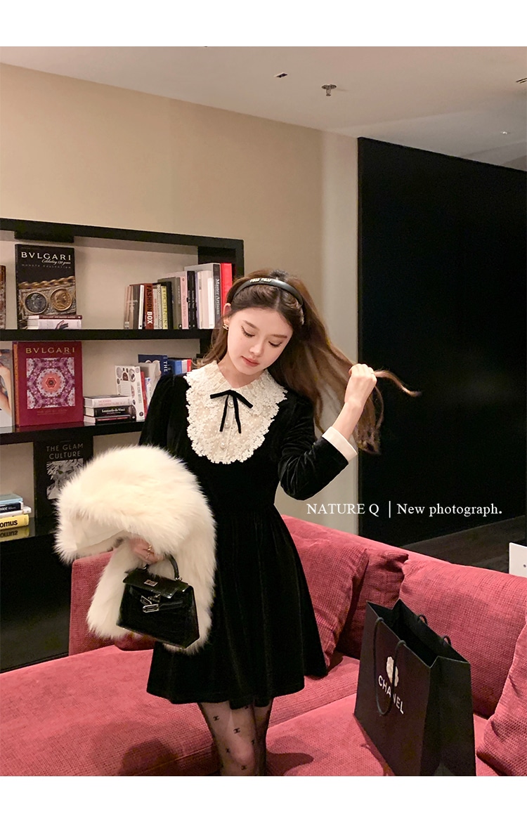 楊小娟ミュウスタイルフレンチヘップバーン黒ベルベットドレス女性の義理の娘リトルブラックドレス誕生日ドレスインナーウェアM49