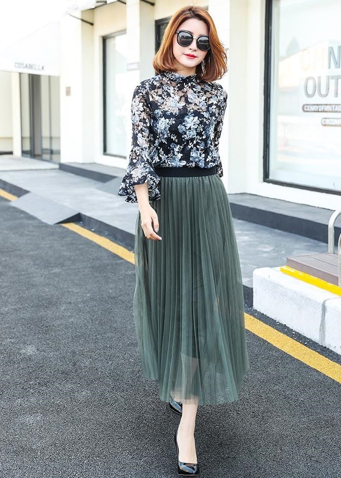 3127.ウエストゴム プリーツロングスカート（グリーン）