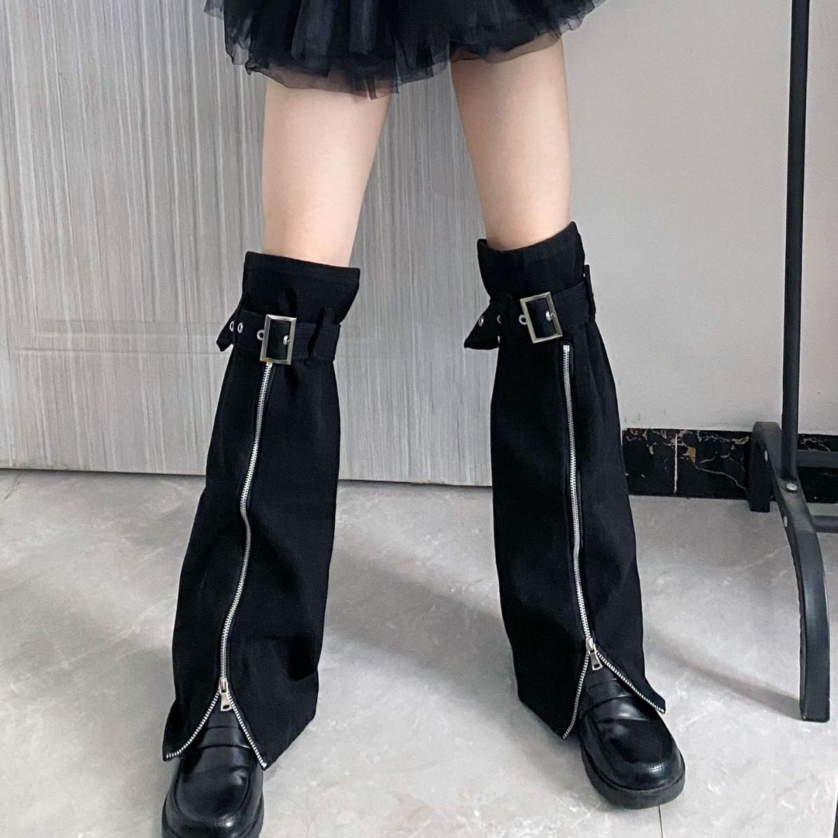 ミレニアル湯たんぽ ブラック デニム ジッパー レッグ カバー女性用スリムで背の高いデザインパンク パイル A115