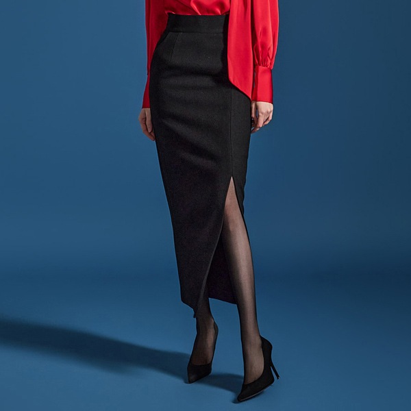 SK9115 ハイウエスト スリット ウール スカート