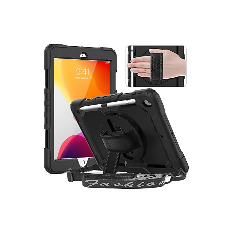 Timecity iPad 10.2 ケース 耐衝撃 iPad 第9世代/第8世代/第7世代 ケース 保護シール内蔵 360度回転スタンド ペン収納 肩紐 ハンドストラップ付き 頑丈 傷防止 肩掛け