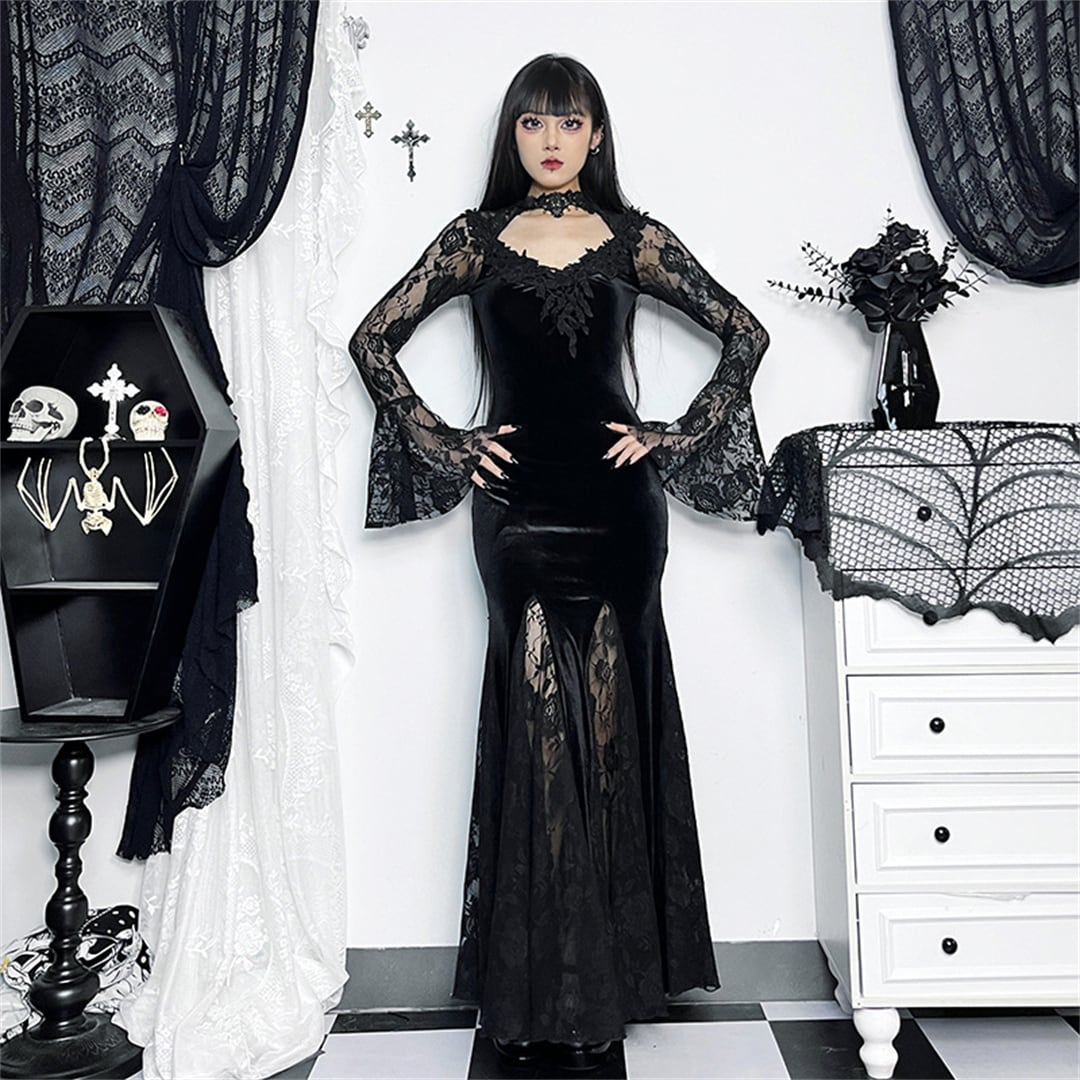 ハロウィン 暗黒系 レース 透け感 細見せ 2色展開 黒 切り替え レッド ブラック ロング S M L XL ワンピース
