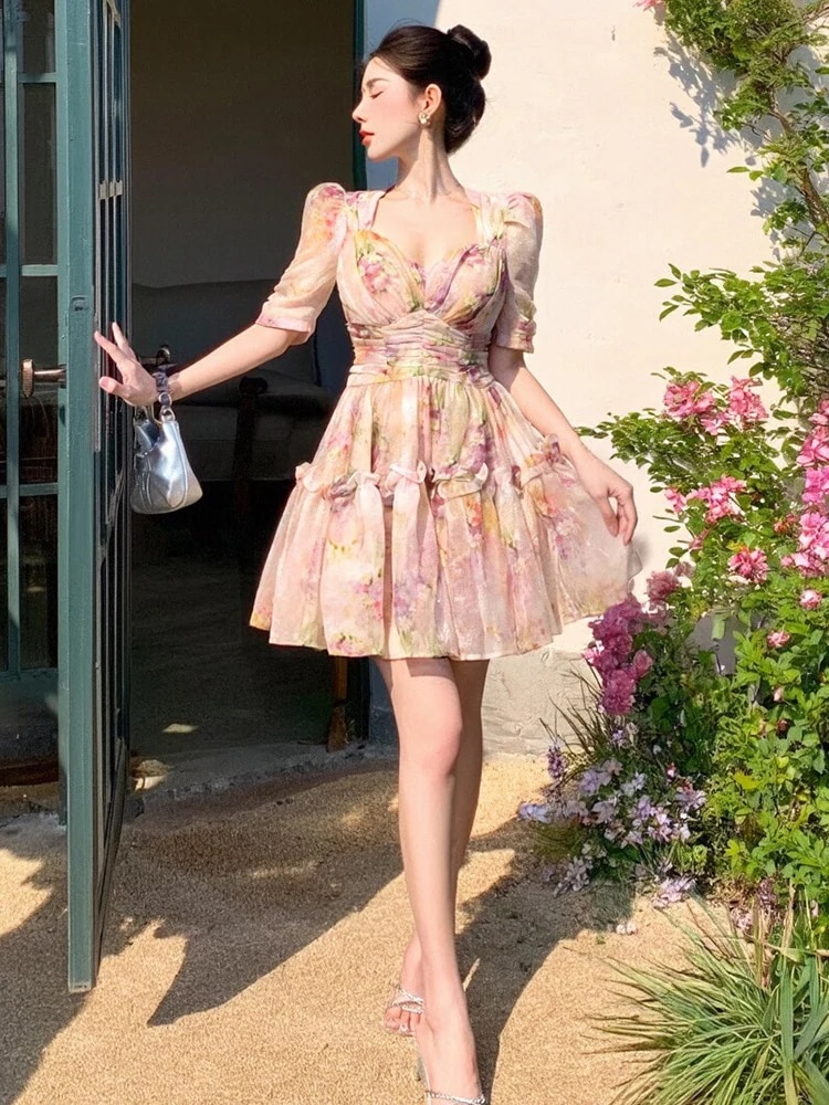 夏 柄ワンピース ショート ハイウエスト ドレス パーティー キャバ 大人 同窓会 披露宴 発表会 結婚式 演奏会 ウェディング 二次会