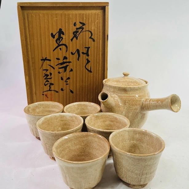 【中古】萩焼大屋窯茶器セット　急須　湯呑み6客共箱
