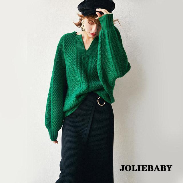 トップスニット緑 長袖 グリーン レディース 春 Vネック キレイめ 冬 30代 ニットソー パフスリーブ ニット 秋 20代 セーター お洒落 ニットセーター