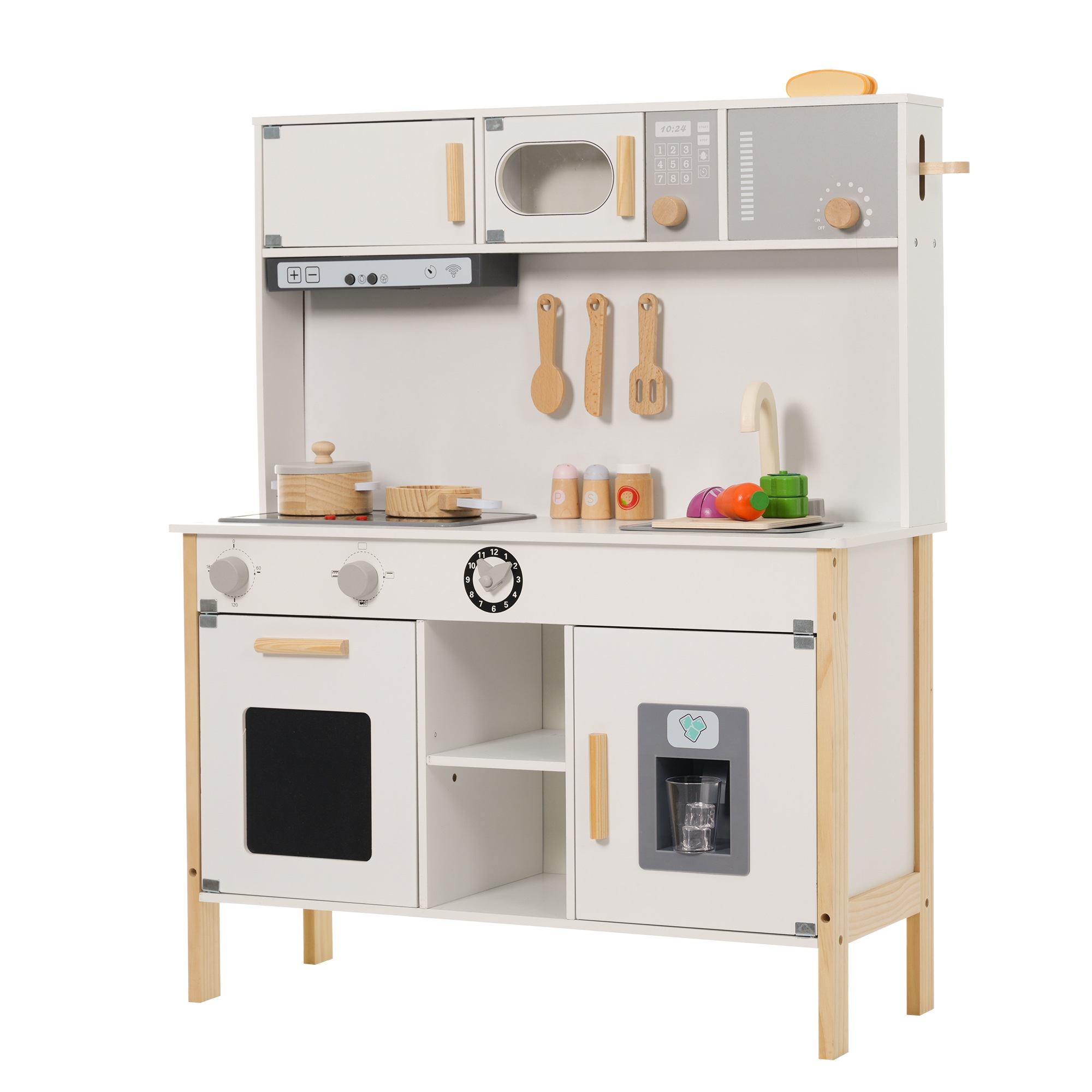 【237】おままごと キッチン パン 木製 台所 調理器具付き 知育玩具 コンロ 冷蔵庫 製氷機 電子レンジ 家事 おもちゃ キッズ ベビー 誕生日 プレゼント【ホワイト】