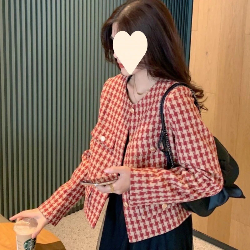 （細工が凝っている）女性の短い小さなフレグランストップカジュアルでファッショナブルなレトロな韓国語バージョンのための新しい秋のスタイルのハイエンドハウンドストゥースジャケット