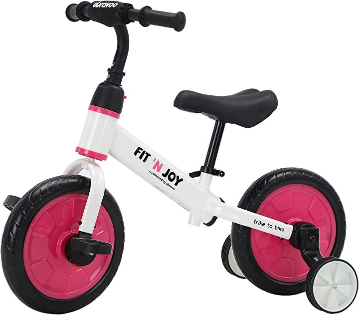 キッズバイク ペダルなし自転車 子ども用自転車 ランニングバイク 4in1 補助輪 ペダル後付け ワンタッチ組立 サドル調整可(ピンク)