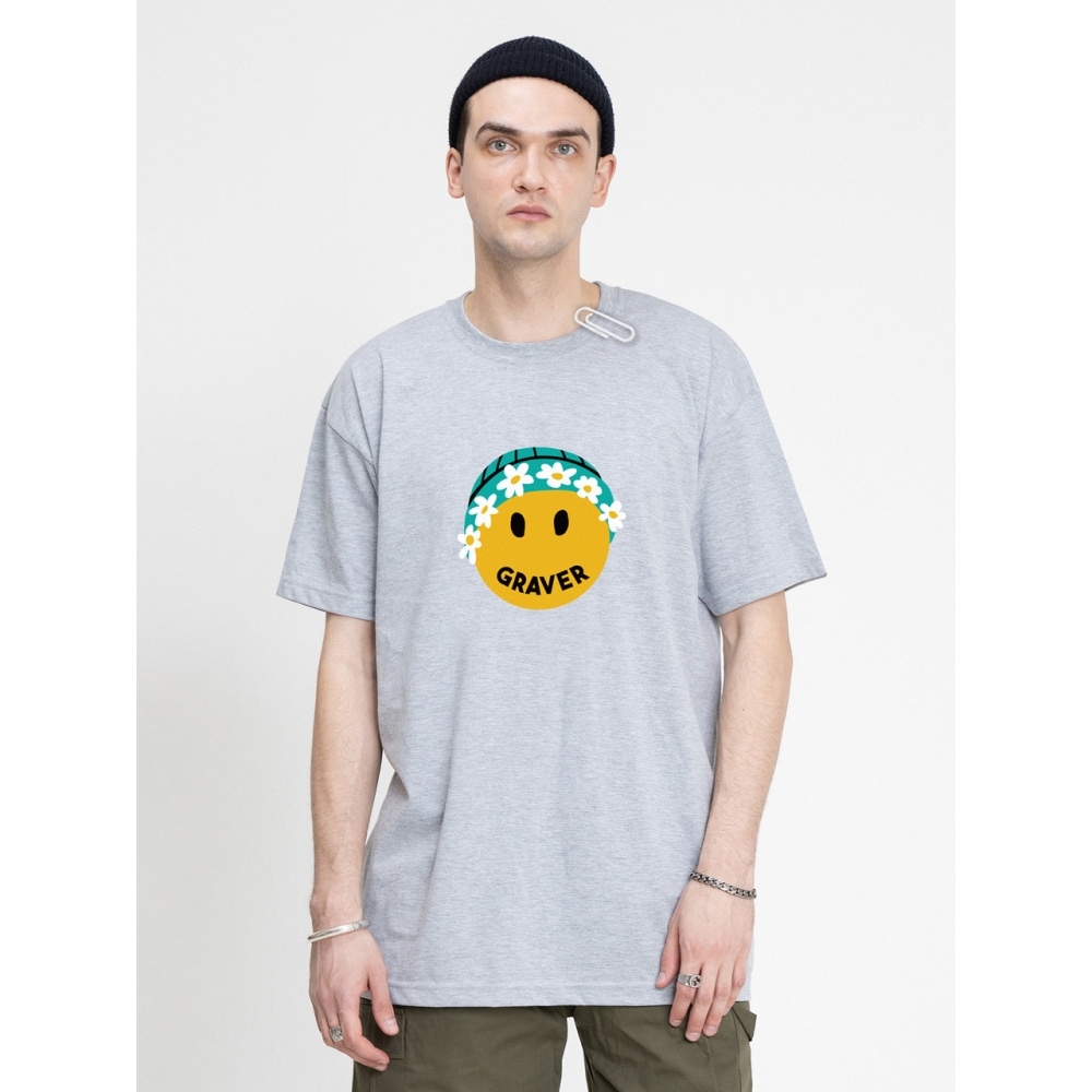 GRAVER ビッグフラワーグリーンビーニースマイル半袖Tシャツグレー