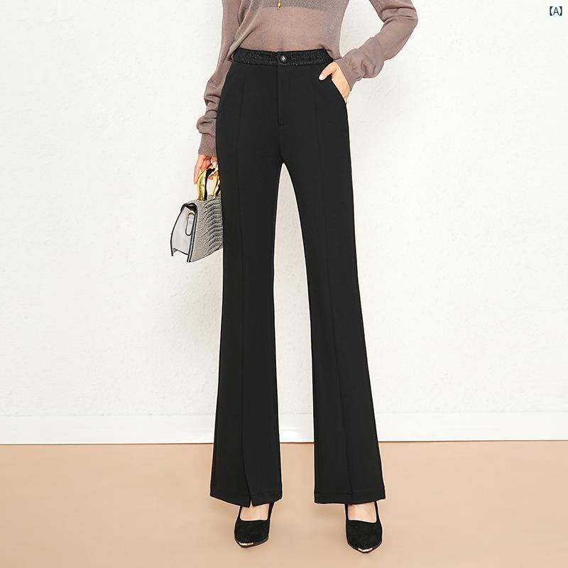 レディース ハイウエスト ブーツ カット パンツ 春秋 背 高く スリム スリット フレアパンツ ドレープ カジュアル
