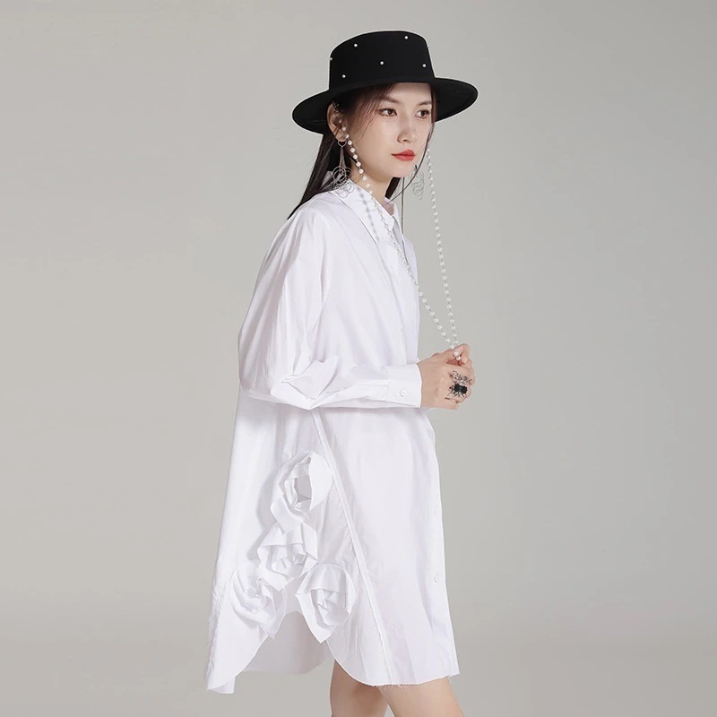 韓国立体的な花ロングシャツ2025早春の新型ワンピース大きいサイズ通勤百掛け長袖ブラウス