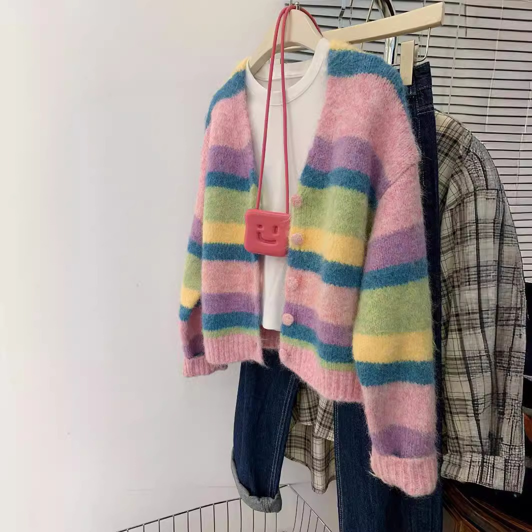 キャンディカラーvネックレインボーストライプアライグマベルベットセータージャケット女性用秋冬カラフルアウターショートニットカーディガン