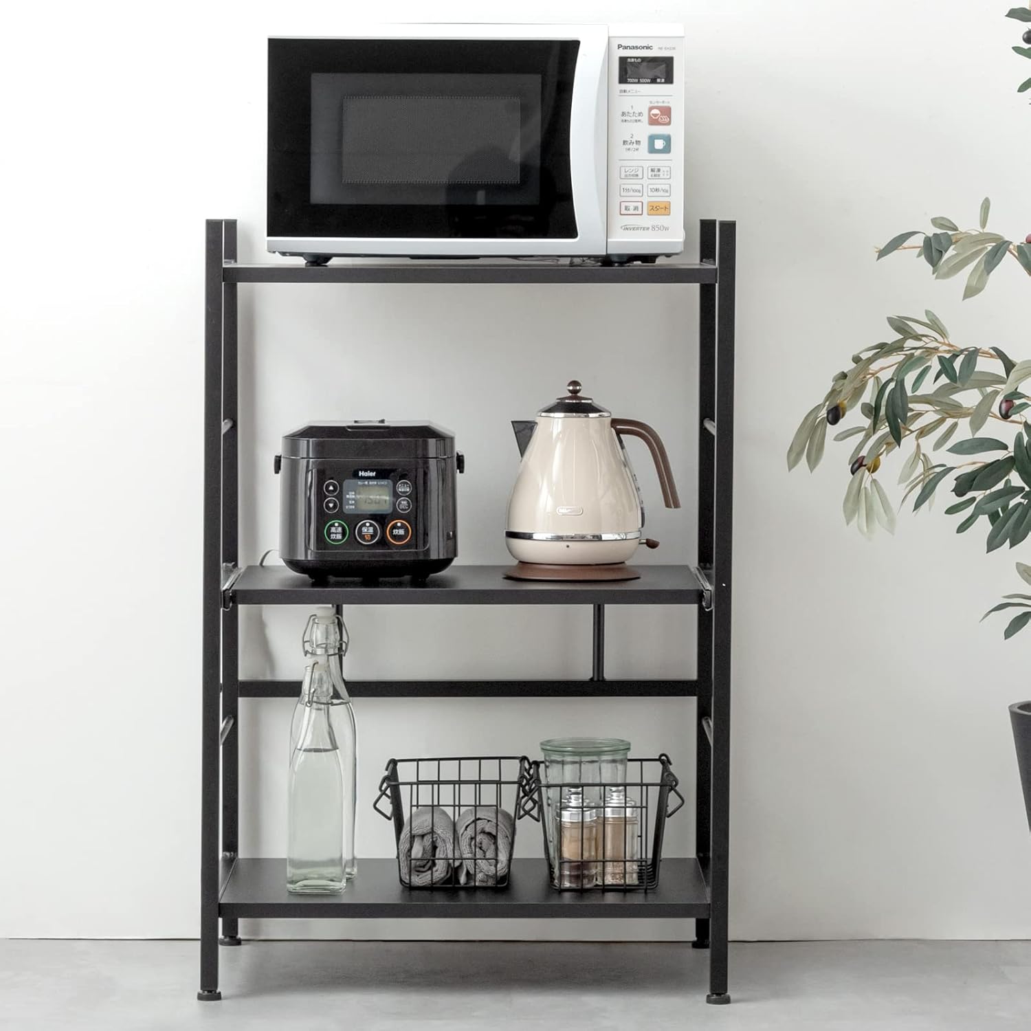 ジラック 幅60cm 大型レンジ対応 高さ88cm スライド棚 レンジ台 キッチンワゴン ラック キッチンラック オープンラック スリム おしゃれ ブラック 49200002(816