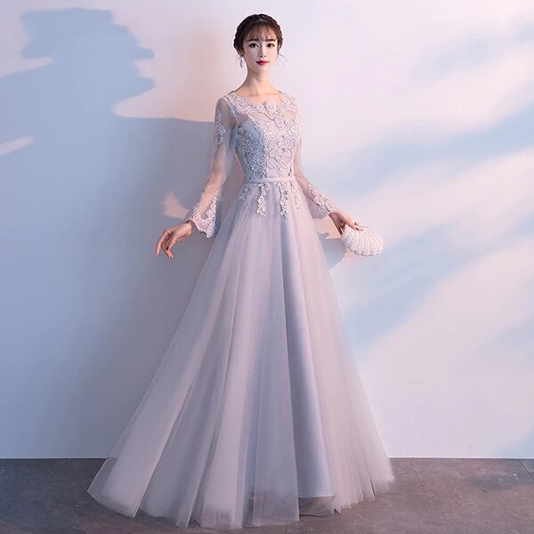 ドレスda837y6y6c7 グレー 他と被らない ロング 大きいサイズ 演奏会袖あり 袖付き 上品