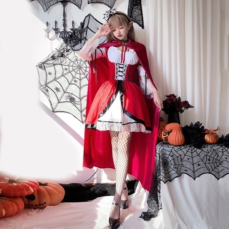 【即納】ハロウィン衣装赤ずきんワンピース演出服ショールマントメイド服赤マントロングスカート