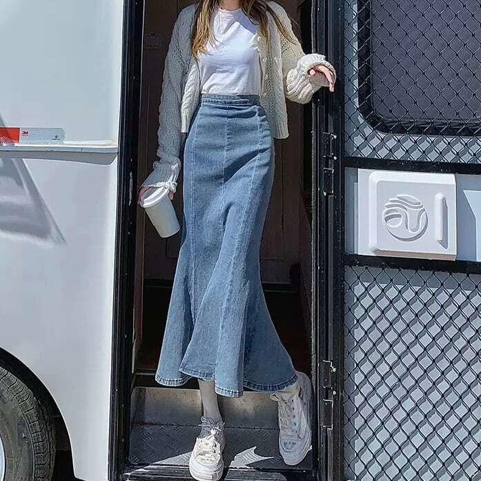 【送料無料】レディース スリット デニム スカート マーメイドスカート 裾フレア スリム