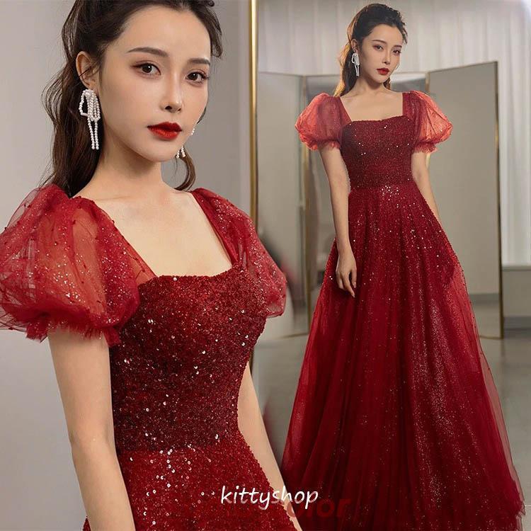 結婚式ドレス 二次会ドレス ワイン赤 スパンコール キラキラ キレイめ ロングドレス イブニングドレス ワインレッド パフスリーブ 20代 30代 演奏会 Aライン