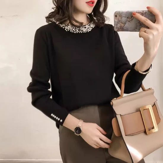 ニットセーター レディース トップス ニット セーター 長袖 ラウンドネック パール装飾 きれいめ エレガント フォーマル お呼ばれ カジュアル お出かけ おしゃれ プルオーバー ファッション 女性