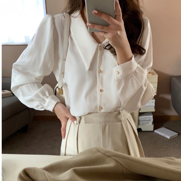 【1つ買うと10つ無料】2025春と秋の レトロシングルブレークシャープカラー長袖ベースシャツ 26,347円