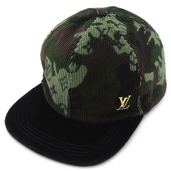 ルイヴィトン LOUIS VUITTON キャップ キャスケット イージーフィット コーデュロイ オリーブ×ブラック 58 ゴールド金具 緑 黒 迷彩柄 カモフラージュ柄 MP2723 NX0230