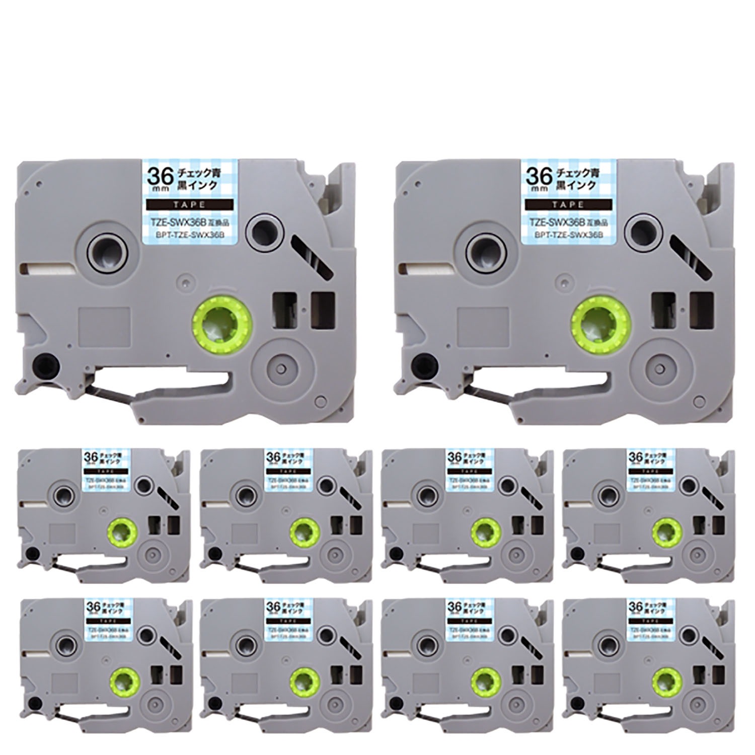 ブラザー用 ピータッチ 互換 テープ TZE-SWX36B 模様ラベル ラベルカートリッジ ピータッチキューブ対応 10個セット 36mm／チェック青テープ／黒文字／模様ラベル