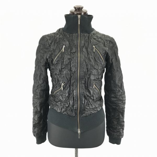 フラスクシワ加工/羊革/シープレザーライダースジャケット【38/Womens size-M/黒】フルダブルジップ/ジップポケット/FLASKBA913L