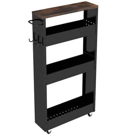 RUMOKI ハンドル付き スリムワゴン 幅13CM 4段 隙間収納 キャスター付き 金属製 穴付き キッチンワゴン 冷蔵庫横 洗面所 収納 隙間ラック 長さ42.5CM 幅13CM 高さ82CM (