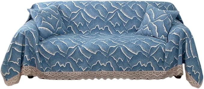 滑り止めソファーカバー 多目的カバーソフトソファーカバー プレミアムソファーカバー タッセルタオルブランケット ベッドカバー 洗えるソファープロテクター ソファーベッド - ブルー - 180×24