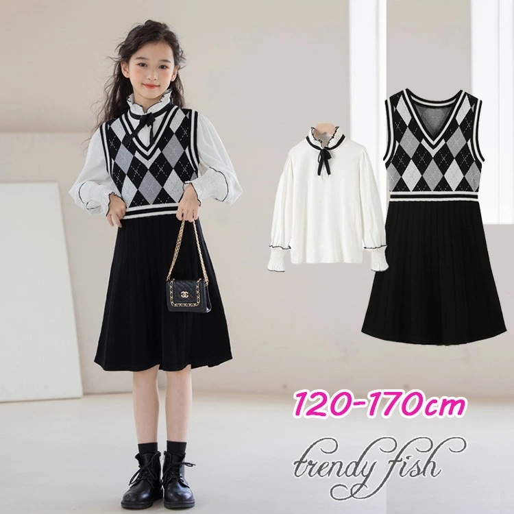今すぐ体験フォーマル ワンピース 女の子 子供制服 セットアップ ニット ジャンパー スカート 長袖シャツ フリル キッズ ジュニア ブラック チェック柄 洋服 中学受験 学校説明会 発表会 ワンピー