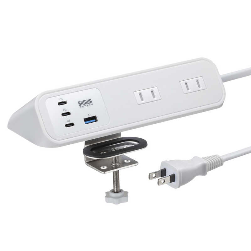 サンワサプライ　クランプ固定式タップ(AC4個口＋USB-C×3＋USB-A×1・PD65W・ホワイト)　TAP-B114UC-2W