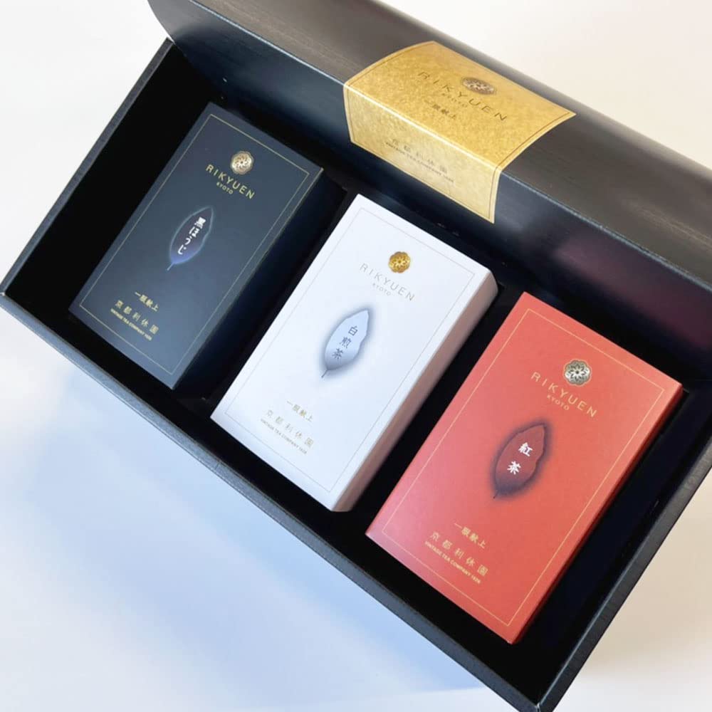 京都利休園 3大茶セット白・黒・紅 通常茶葉 お茶 ギフト お歳暮 白煎茶 黒ほうじ 朝宮紅茶 item-set3-leaf