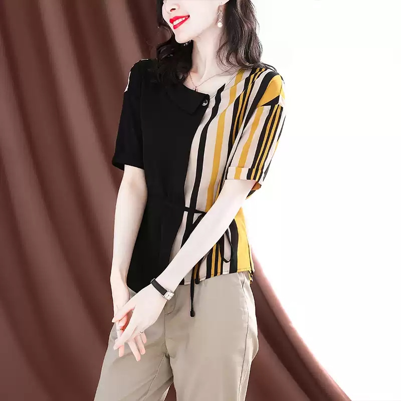 トップス ブラウス プルオーバー 半袖 アシンメトリー レイヤード風 ラウンドネック ストレート ウエストリボン 切り替えデザイン ドッキング 大人可愛い シンプル カジュアル おしゃれ お洒落