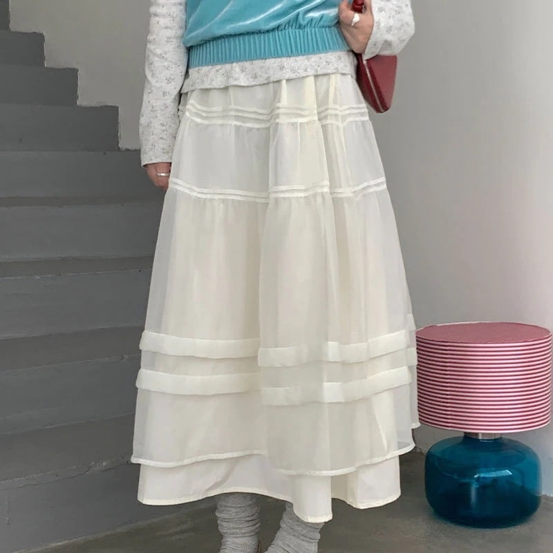 3日出荷 夏新作 ゴムウエスト 韓国風 切り替え チュールスカート 春服 レディース
