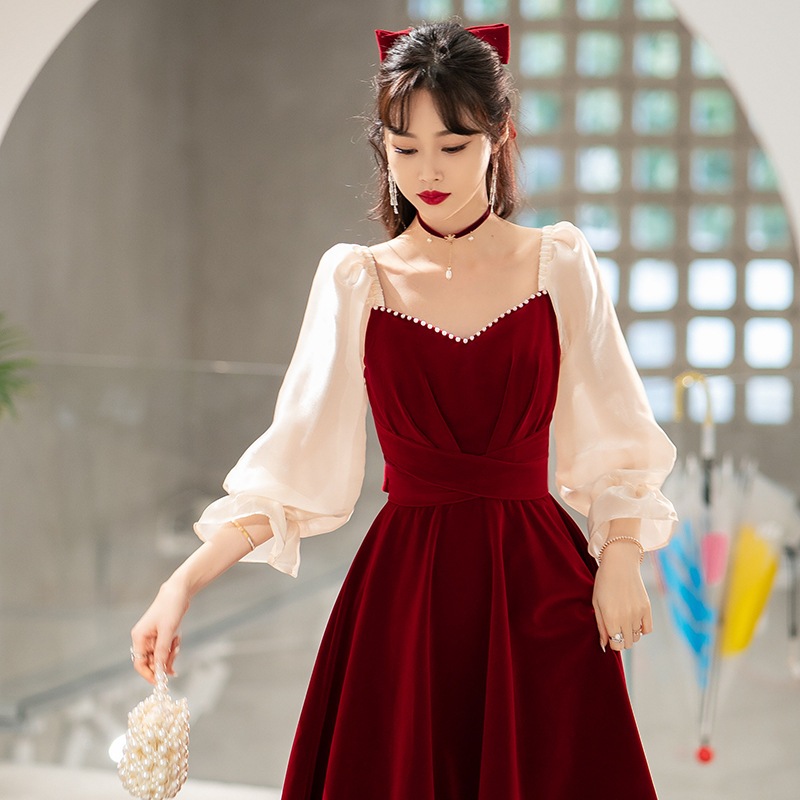 ベルベット敬酒服太りmm婚約披露宴花嫁敬酒服帰門服ワインレッド2025